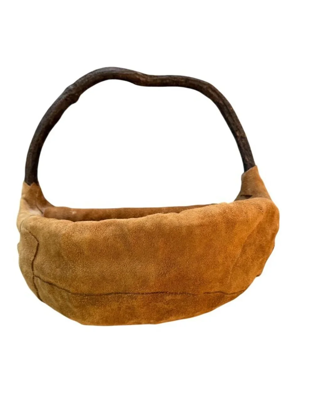 Vintage Handmade Bent Wood Suede Covered Wall Basket Brown Hobo Artist Signed